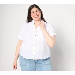 AnyBody Womens Short Sleeve Button Front Linen Blend Camp Shirt Sz Medium White